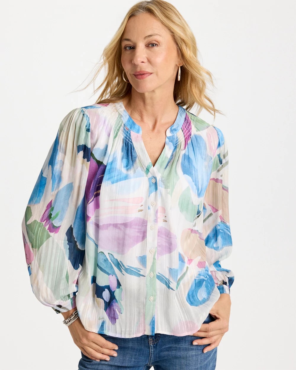 Chico's Essential - Blur Geo Button Front Blouse Passport Blue