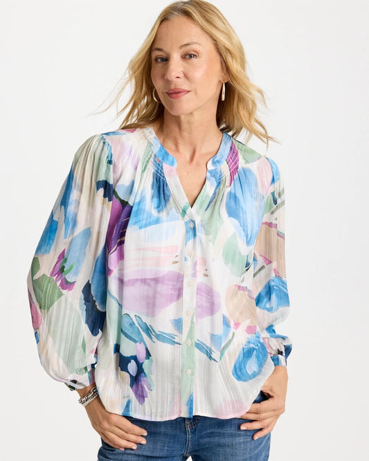 Chico's Essential - Blur Geo Button Front Blouse Passport Blue