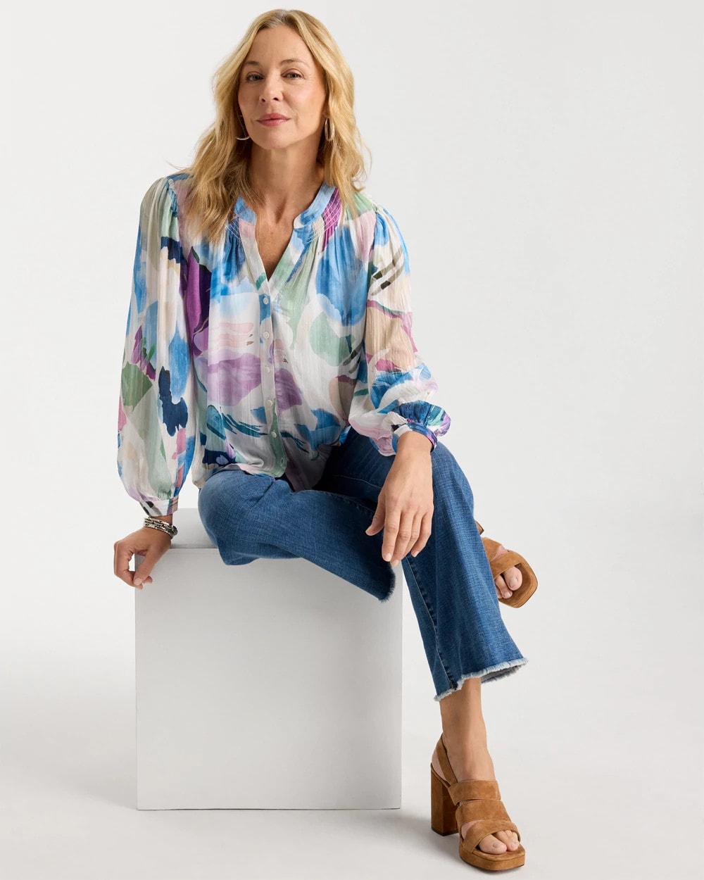 Chico's Essential - Blur Geo Button Front Blouse Passport Blue