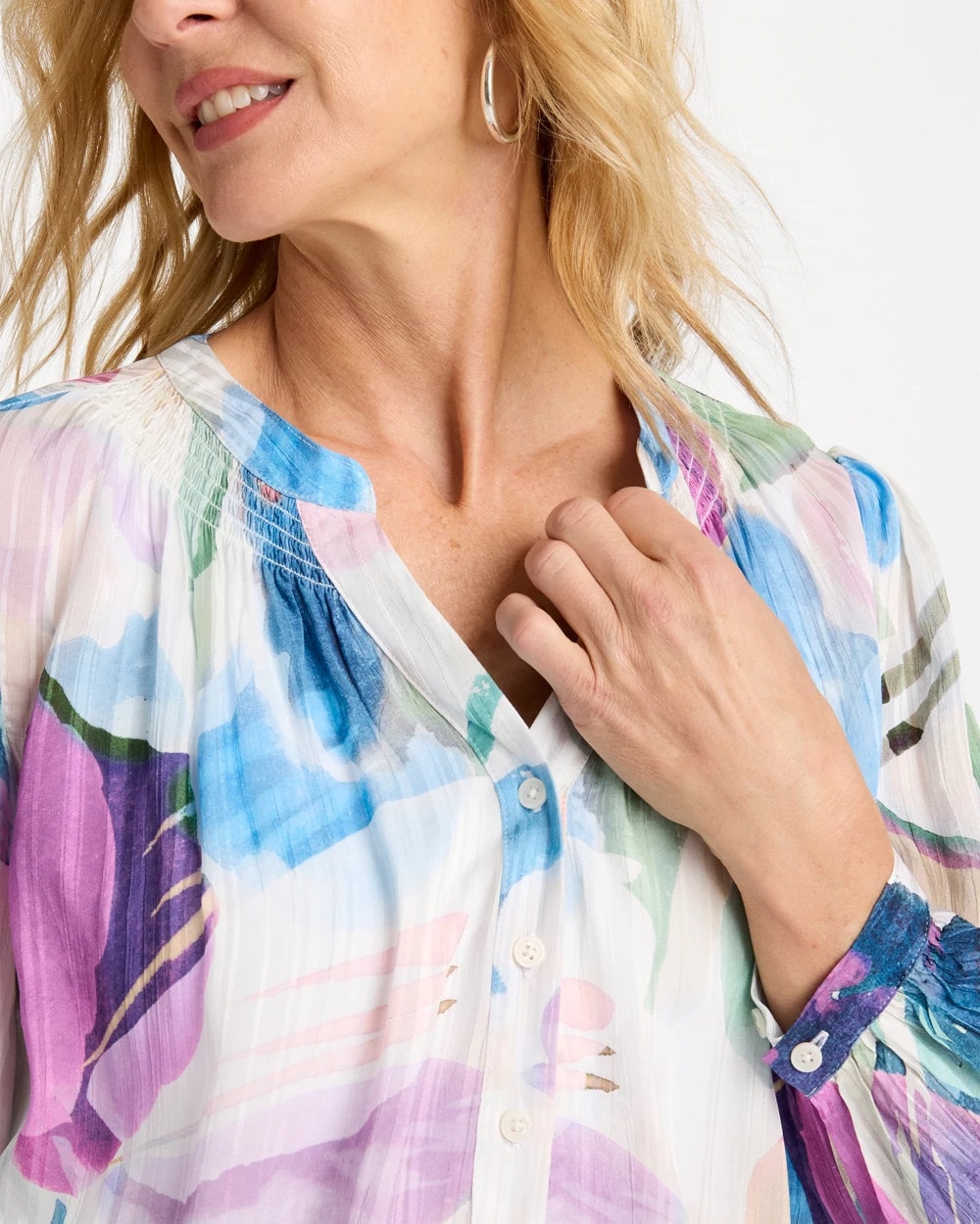 Chico's Essential - Blur Geo Button Front Blouse Passport Blue