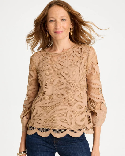 Chico's New - Floral-Motif Mesh 3/4 Sleeve Top Cattail Brown