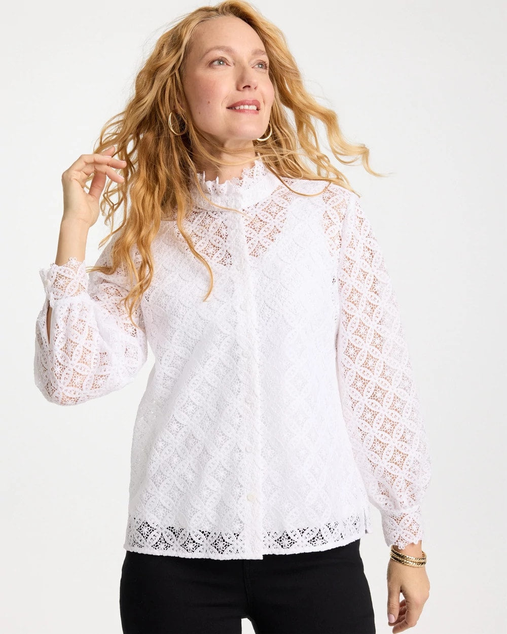 Chico's Hot Sale - Lace Ruffle Neck Blouse Alabaster