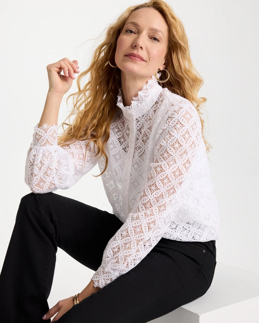 Chico's Hot Sale - Lace Ruffle Neck Blouse Alabaster