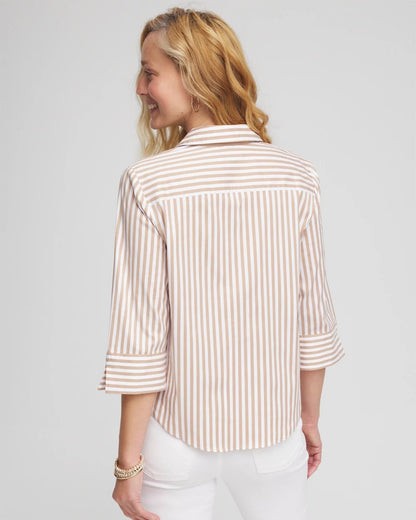 Chico's Recommended - Striped Poplin Tie-Front Top Creme Coffee