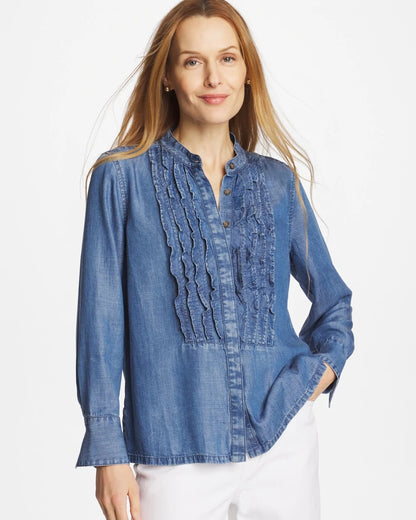 Chico's Top Pick - Tencel Ruffle Front Shirt Bailey Indigo