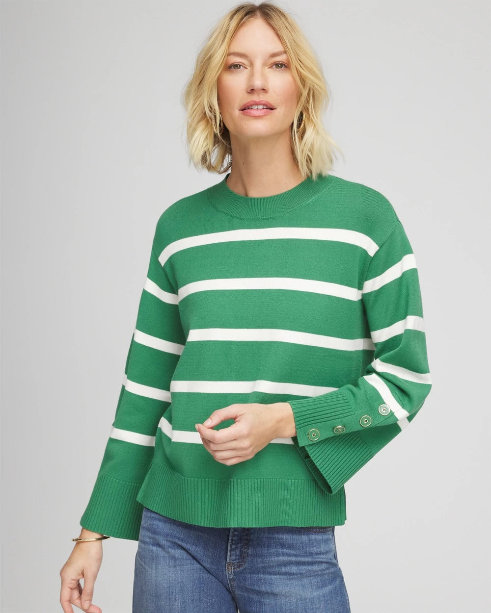 Chico's Trending - Striped Button Sleeve Crewneck Pullover Sweater Jardin Green