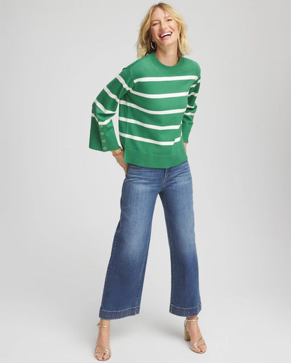 Chico's Trending - Striped Button Sleeve Crewneck Pullover Sweater Jardin Green