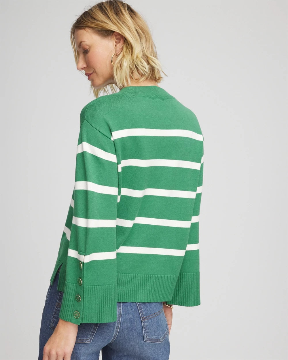 Chico's Trending - Striped Button Sleeve Crewneck Pullover Sweater Jardin Green