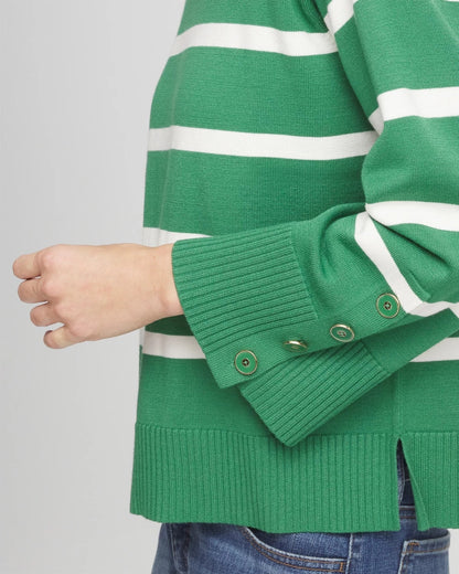 Chico's Trending - Striped Button Sleeve Crewneck Pullover Sweater Jardin Green