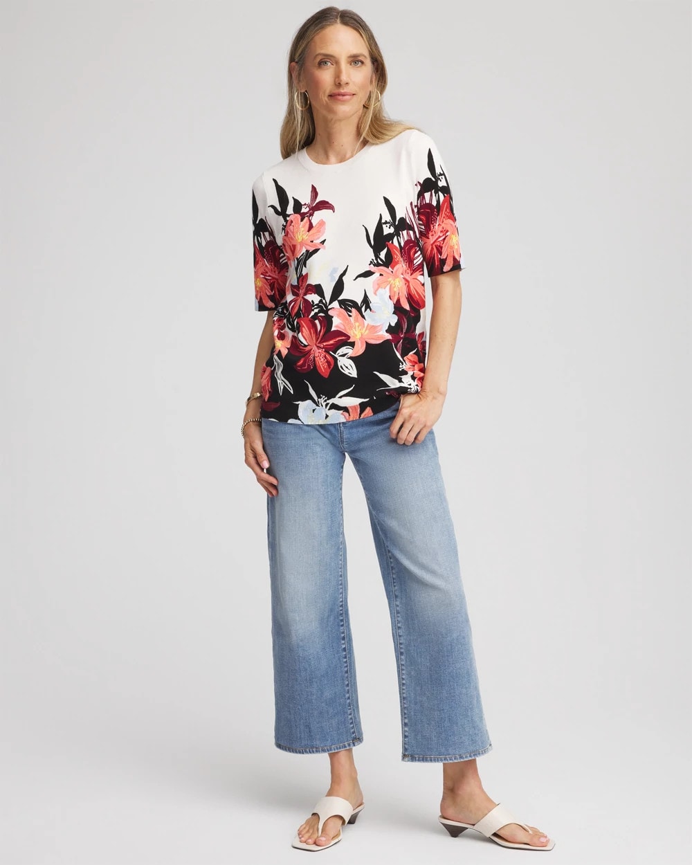 Chico's Trending - Floral Print Crewneck Sweater Ecru