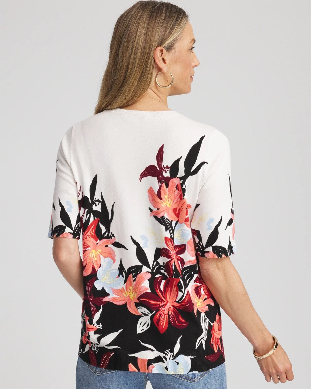 Chico's Trending - Floral Print Crewneck Sweater Ecru