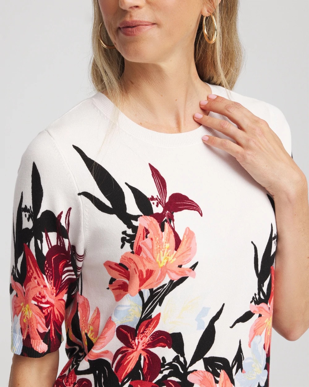 Chico's Trending - Floral Print Crewneck Sweater Ecru