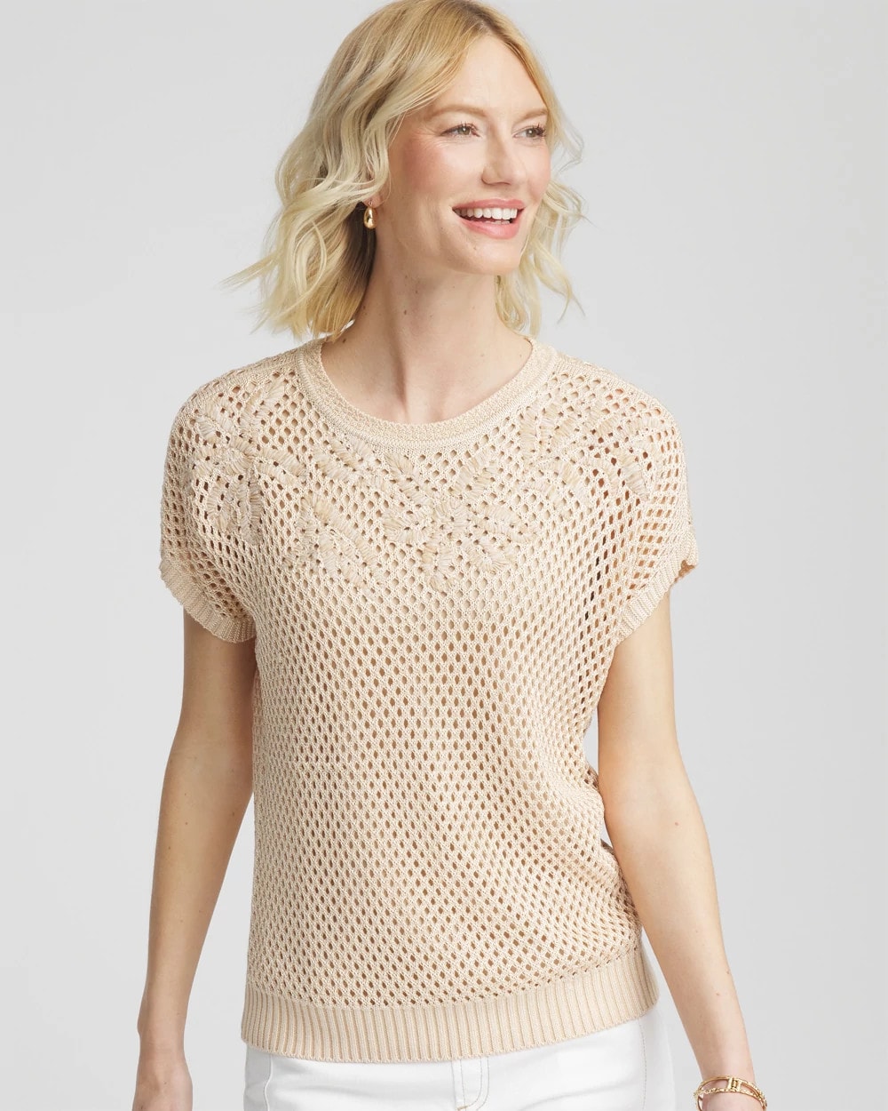 Chico's Signature - Embroidered Pointelle Pull-Over Glistening Sand