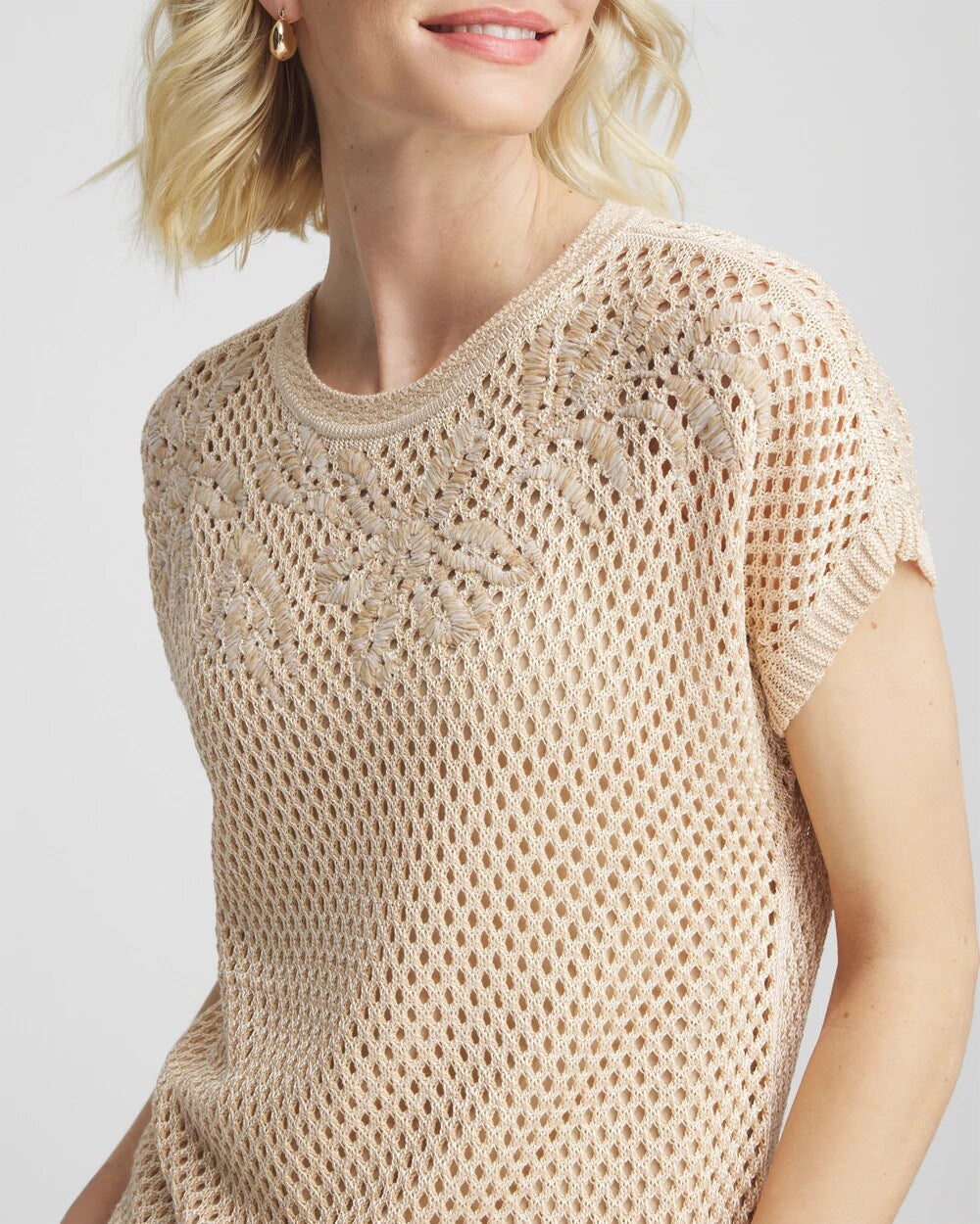 Chico's Signature - Embroidered Pointelle Pull-Over Glistening Sand