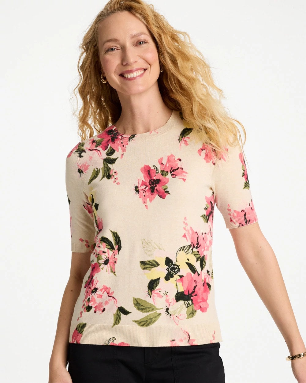 Chico's Latest - Ella Crewneck Floral Pullover Sweater Hot Honeysuckle