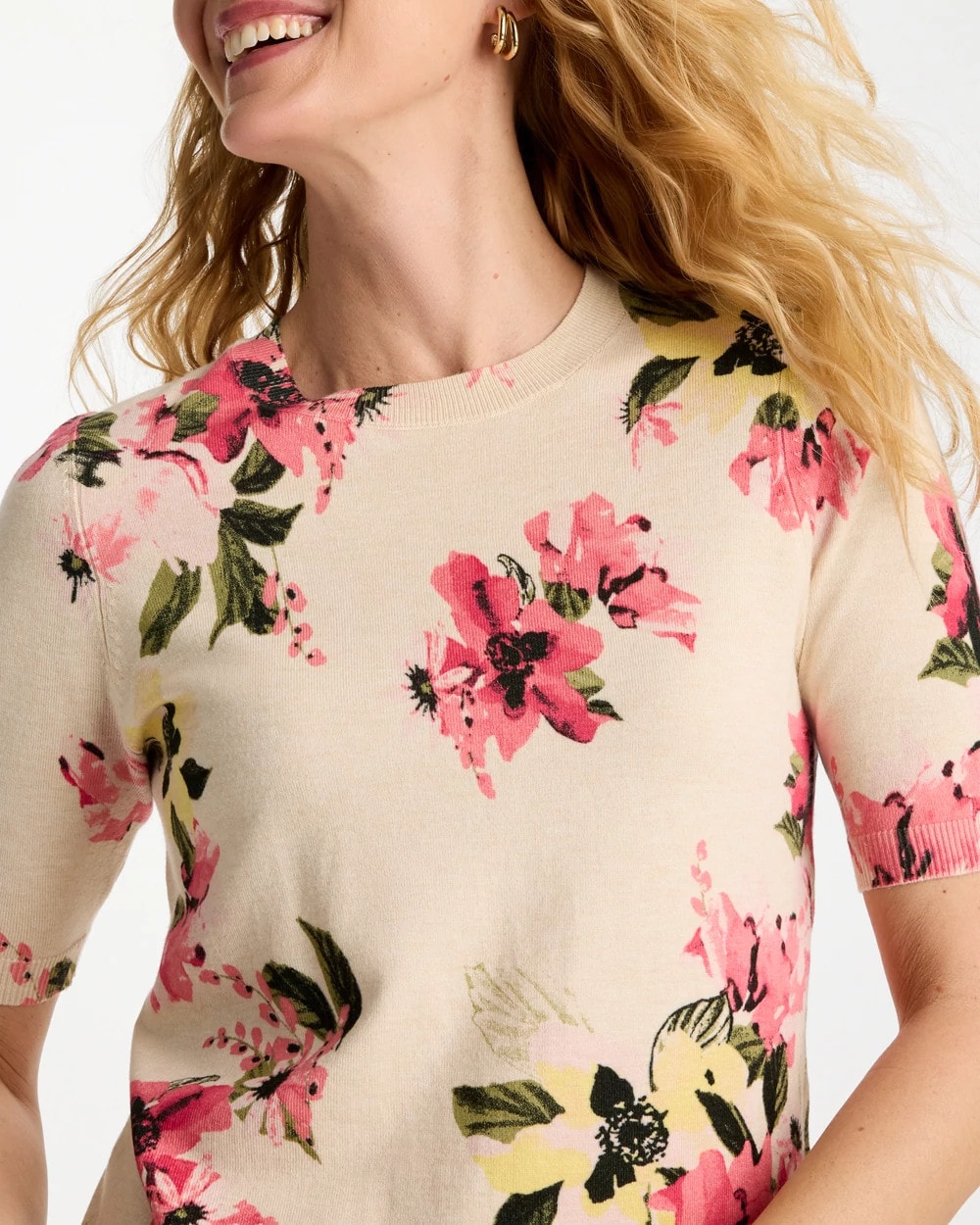 Chico's Latest - Ella Crewneck Floral Pullover Sweater Hot Honeysuckle