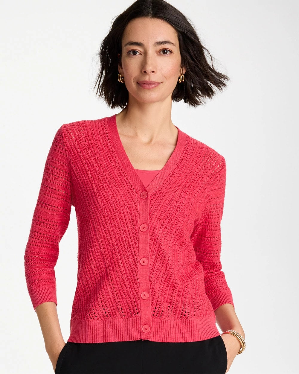 Chico's Recommended - Stitchy V-Neck Cardigan Hot Honeysuckle