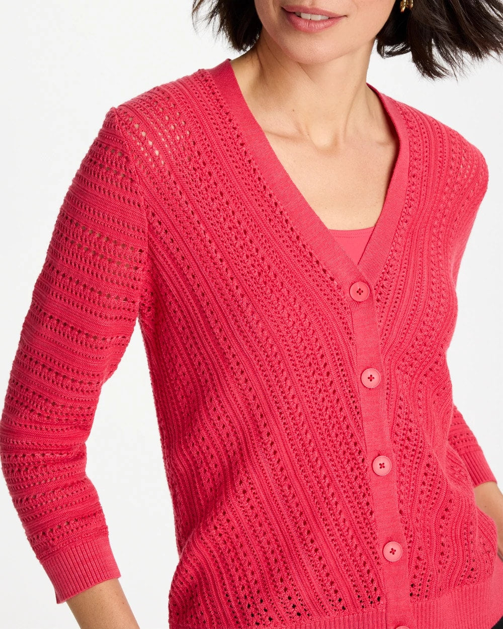 Chico's Recommended - Stitchy V-Neck Cardigan Hot Honeysuckle