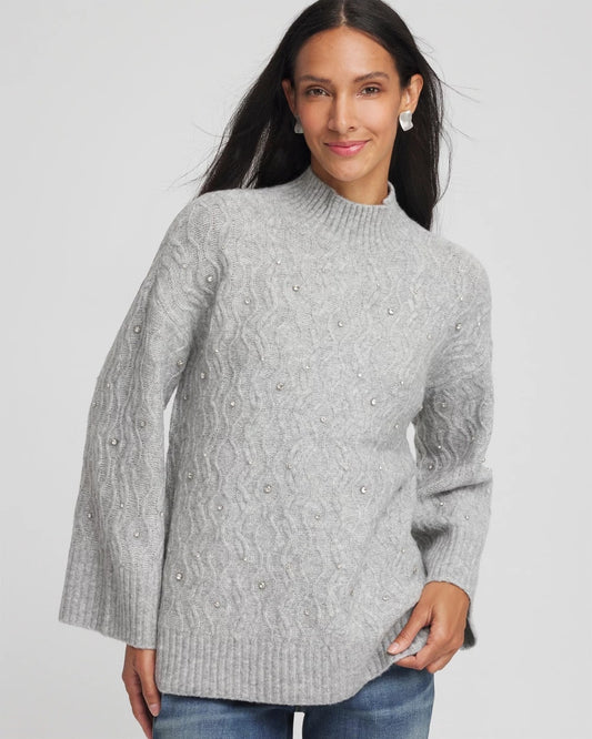 Chico's New - Sequined Cable Knit Sweater Cloud Heather Gray