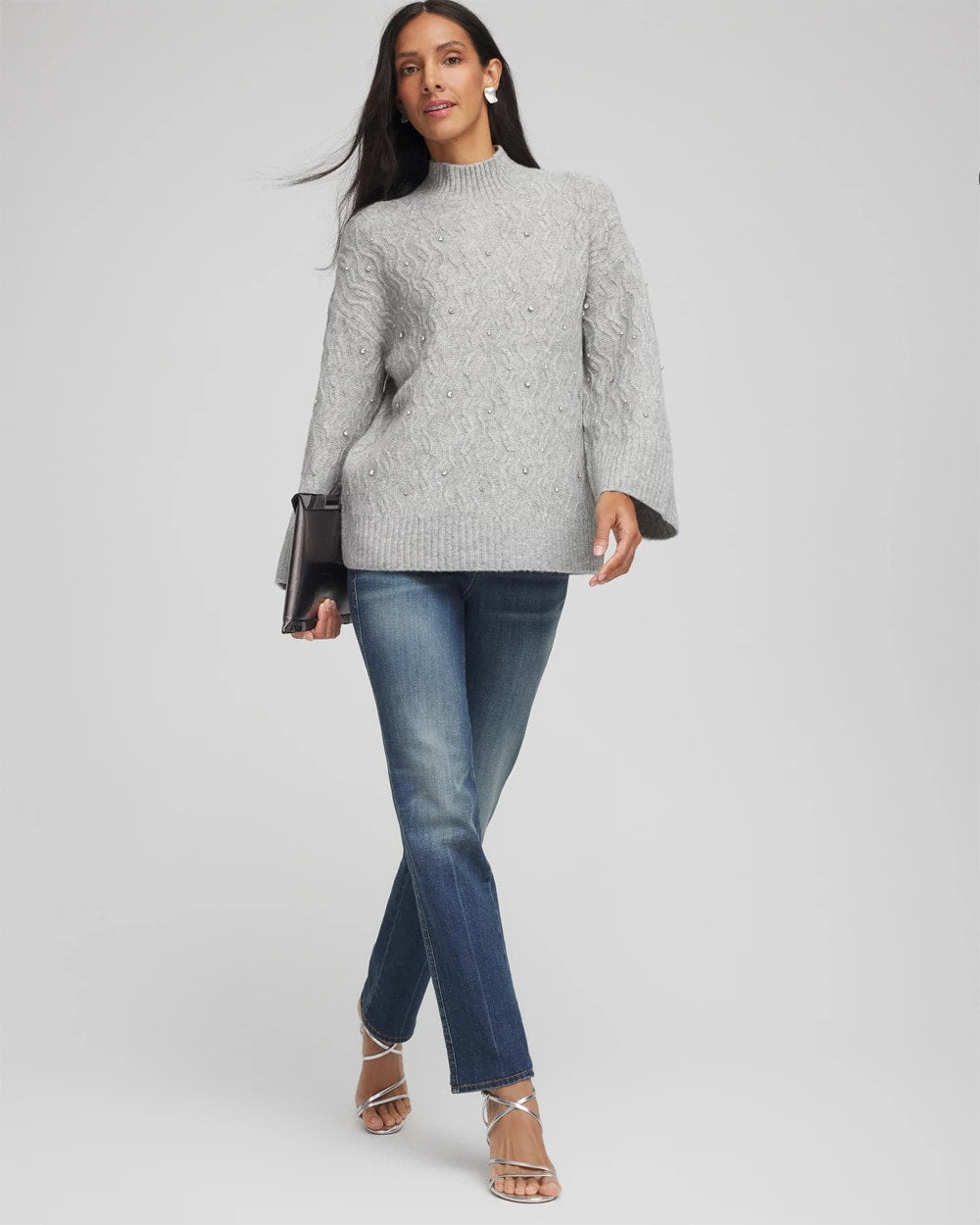 Chico's New - Sequined Cable Knit Sweater Cloud Heather Gray