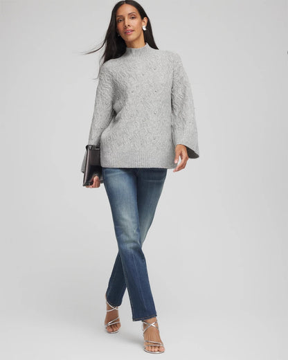Chico's New - Sequined Cable Knit Sweater Cloud Heather Gray