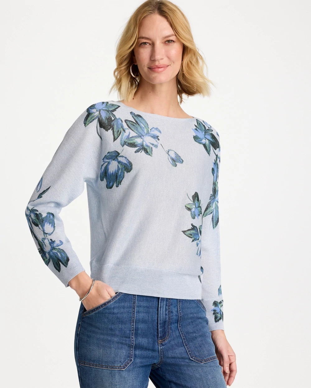 Chico's Best Price - Floral Print Pullover Sweater Blue Orchid