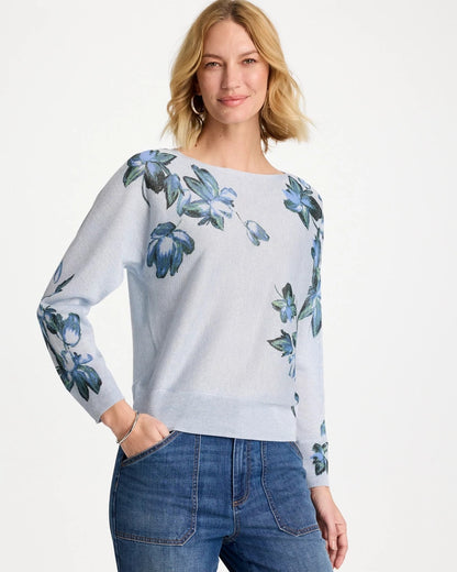 Chico's Best Price - Floral Print Pullover Sweater Blue Orchid