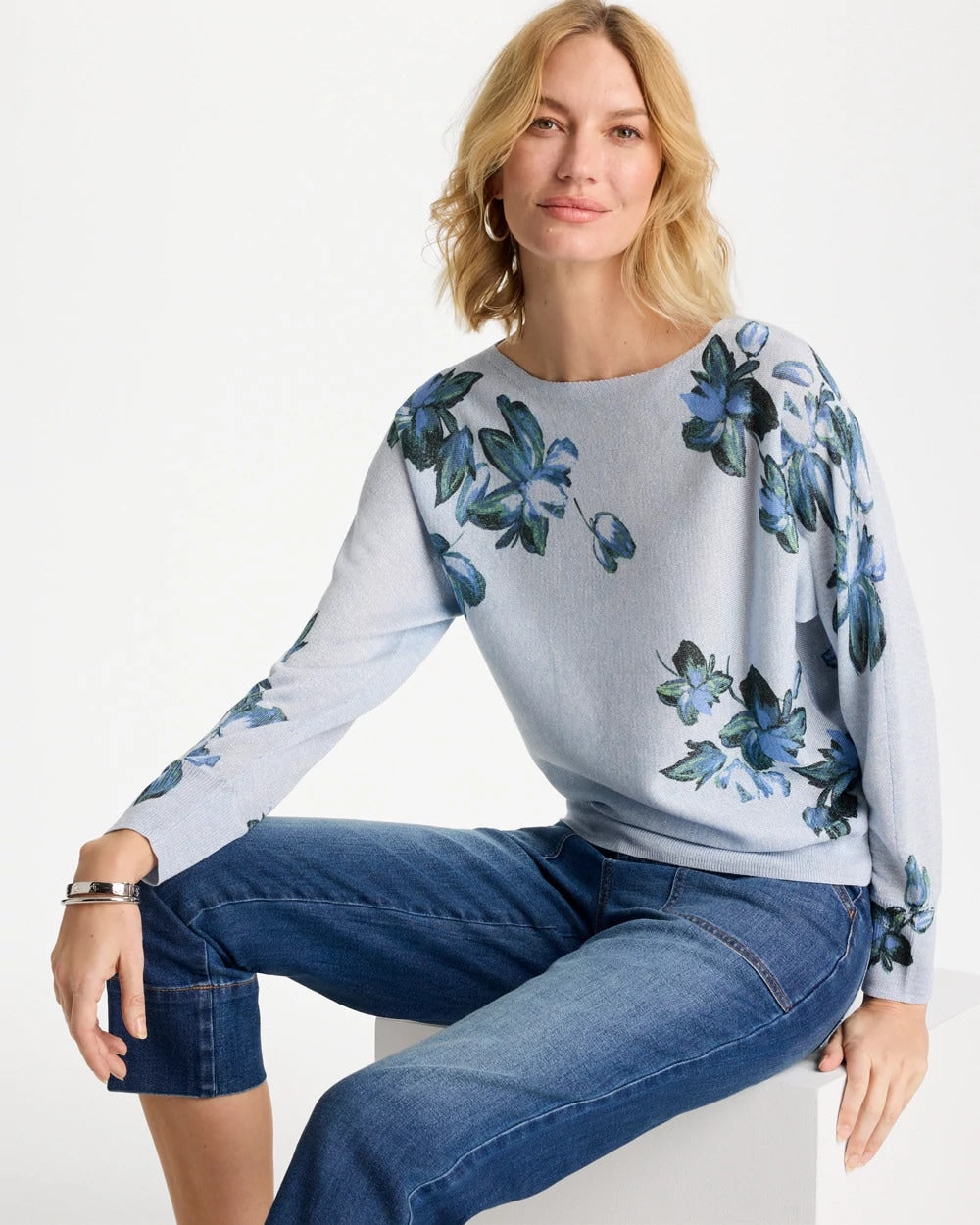 Chico's Best Price - Floral Print Pullover Sweater Blue Orchid