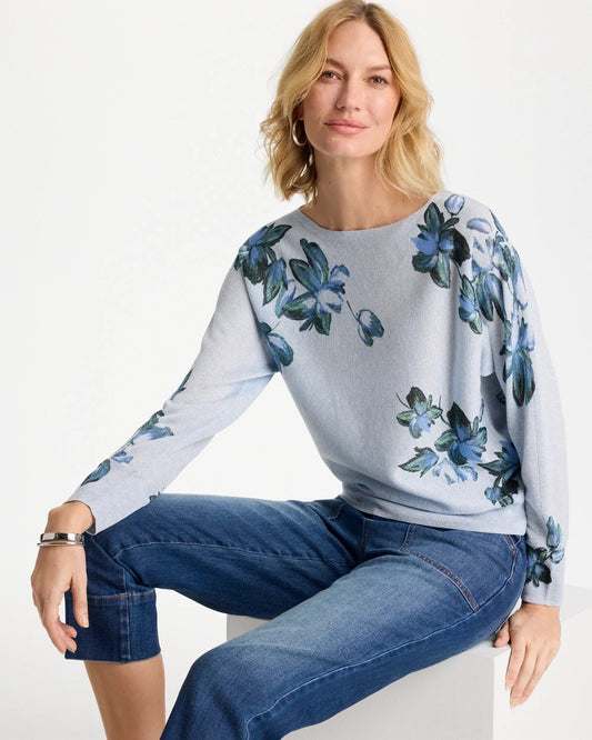 Chico's Best Price - Floral Print Pullover Sweater Blue Orchid