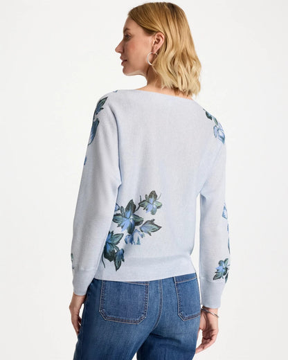 Chico's Best Price - Floral Print Pullover Sweater Blue Orchid