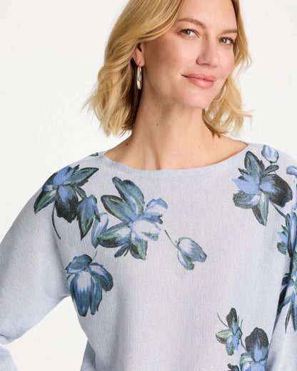 Chico's Best Price - Floral Print Pullover Sweater Blue Orchid