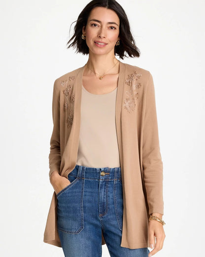 Chico's Customer Favorite - Floral Embroidered Cardigan Cattail Brown