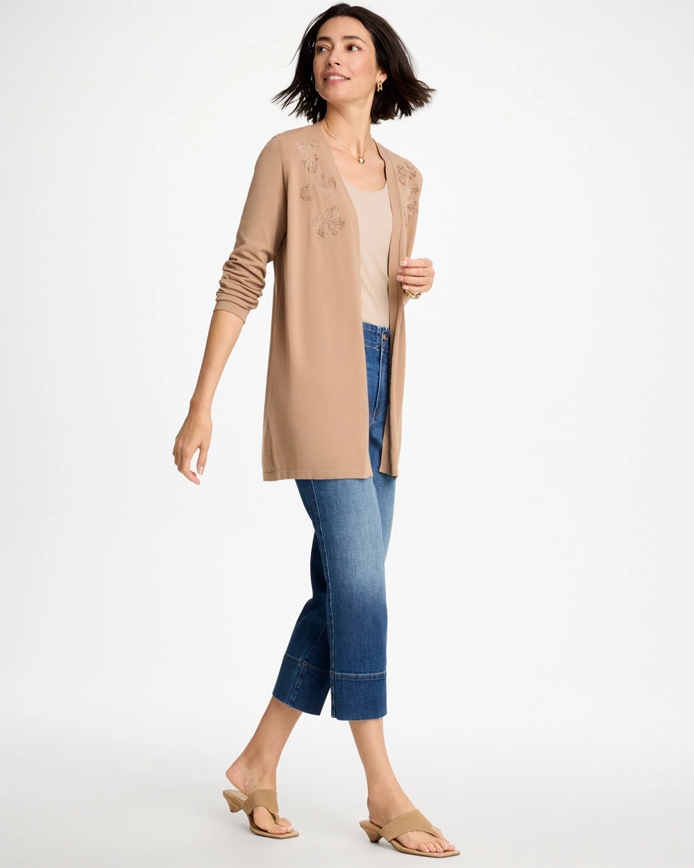 Chico's Customer Favorite - Floral Embroidered Cardigan Cattail Brown