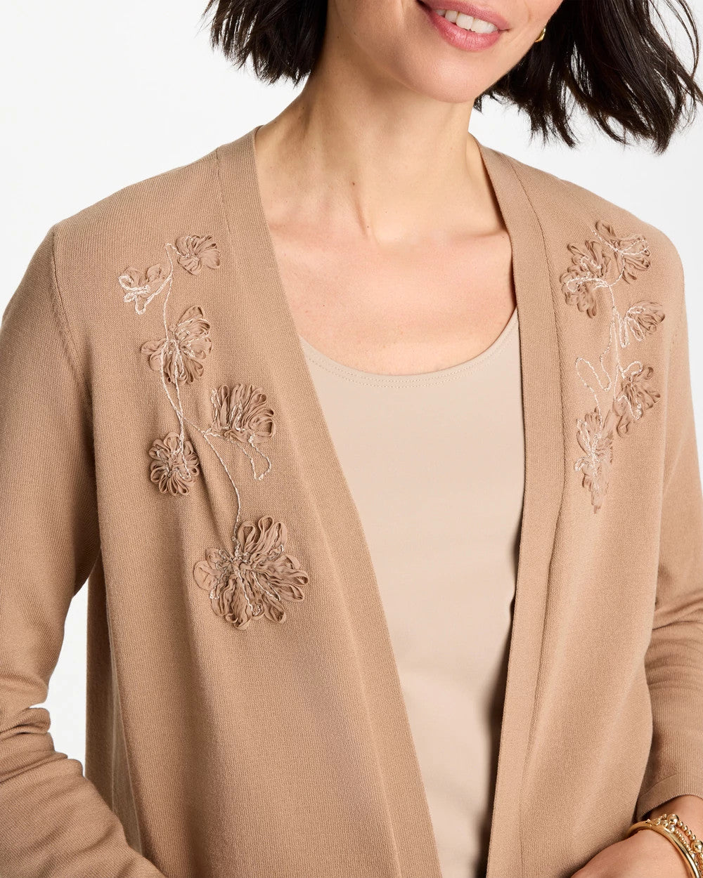 Chico's Customer Favorite - Floral Embroidered Cardigan Cattail Brown