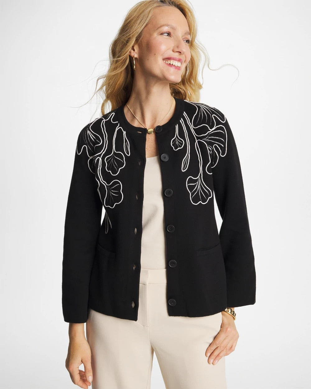 Chico's Classic - Embroidered Crewneck Cardigan Jacket Black