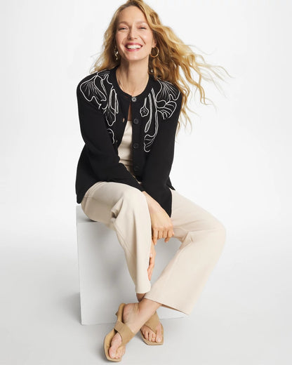 Chico's Classic - Embroidered Crewneck Cardigan Jacket Black