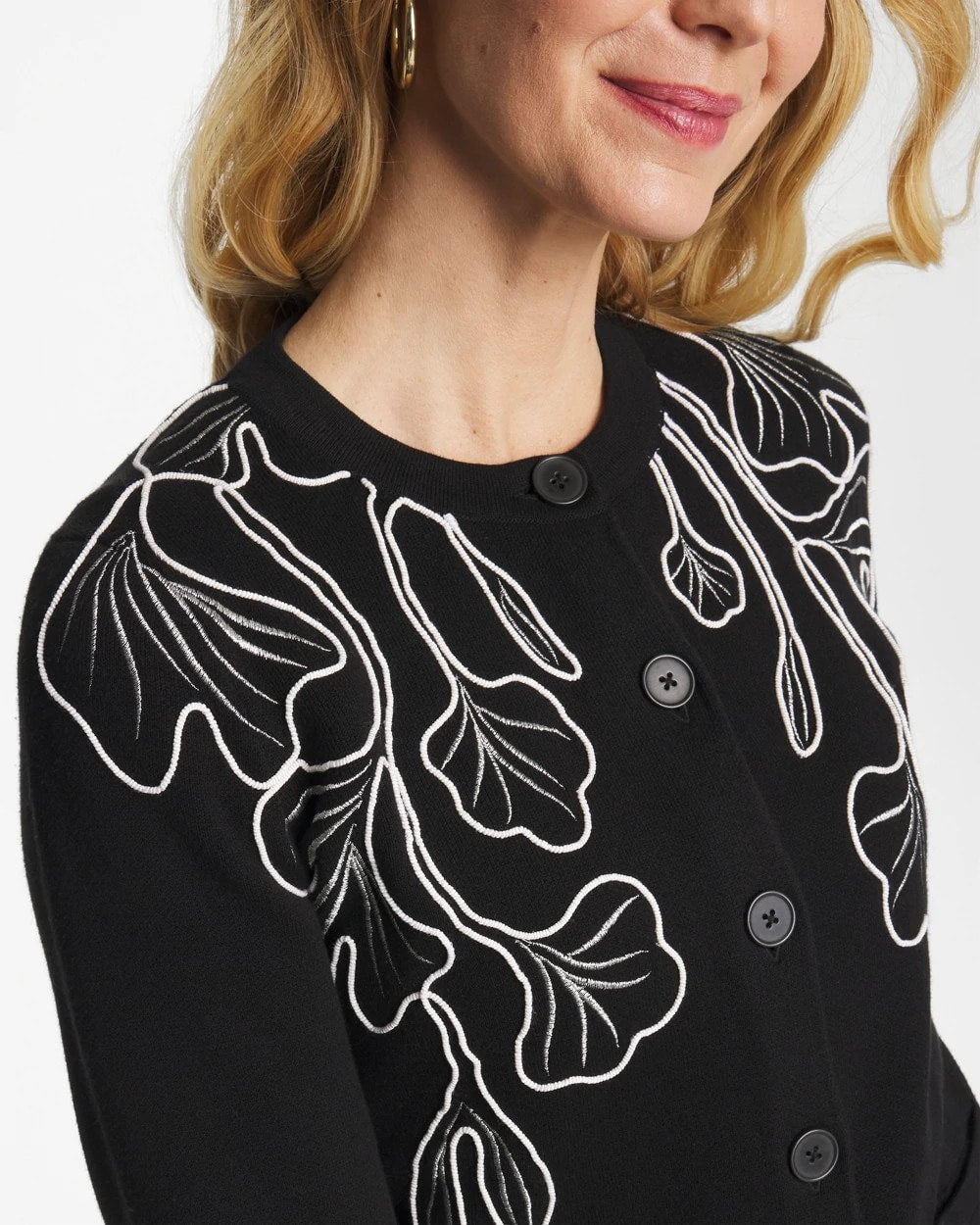 Chico's Classic - Embroidered Crewneck Cardigan Jacket Black