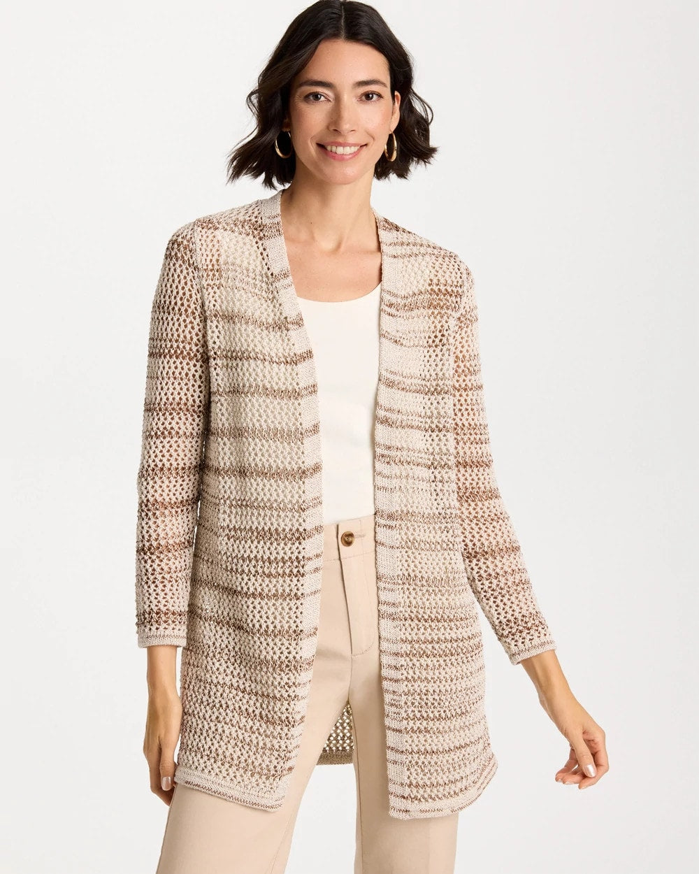 Chico's Essential - Pointelle Metallic Cardigan Cattail Brown