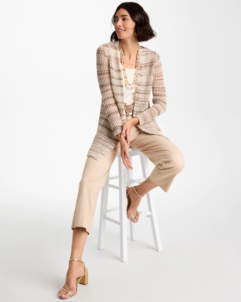 Chico's Essential - Pointelle Metallic Cardigan Cattail Brown