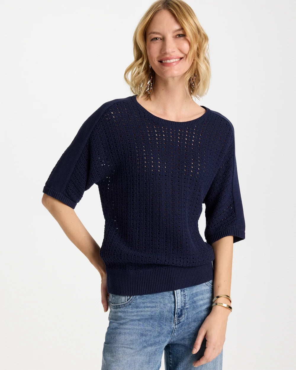 Chico's Trending - Pointelle Crewneck Pullover Sweater Passport Blue