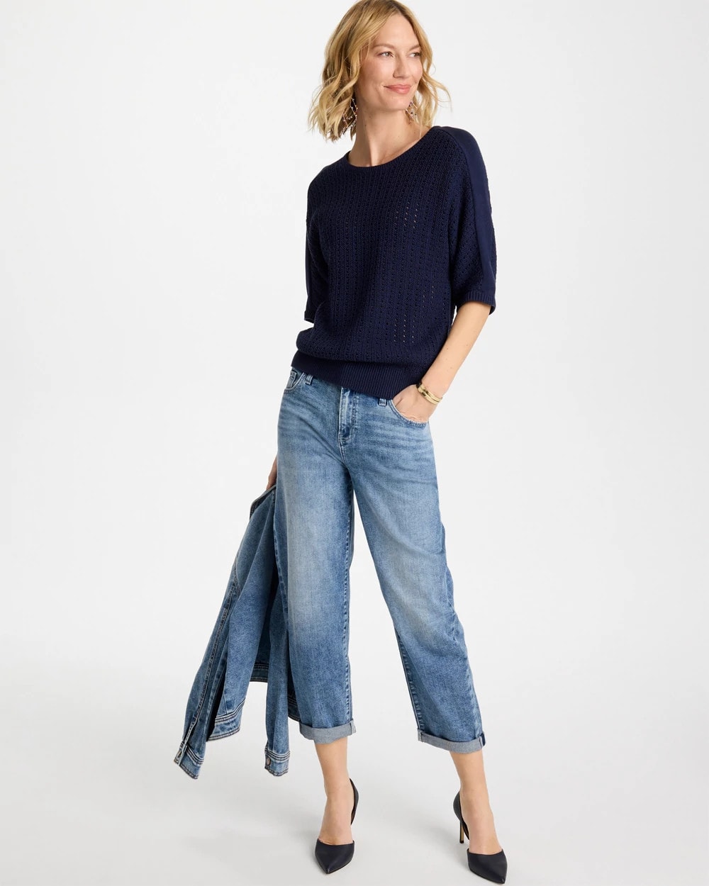 Chico's Trending - Pointelle Crewneck Pullover Sweater Passport Blue