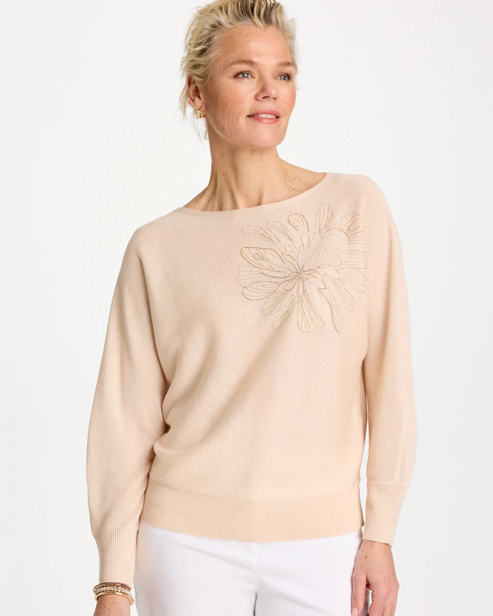 Chico's Top Pick - Embroidered 3/4 Sleeve Sweater Neutral