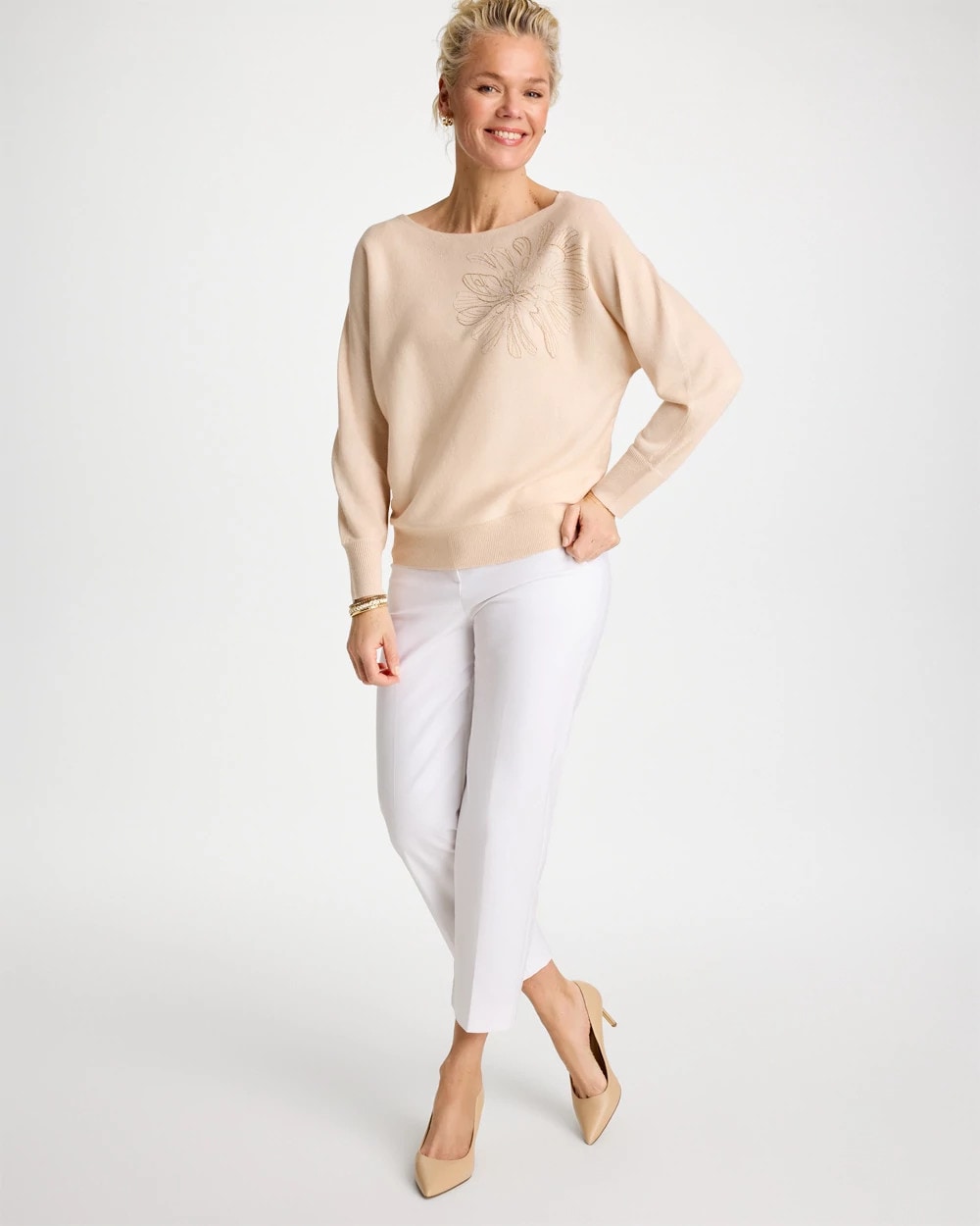 Chico's Top Pick - Embroidered 3/4 Sleeve Sweater Neutral