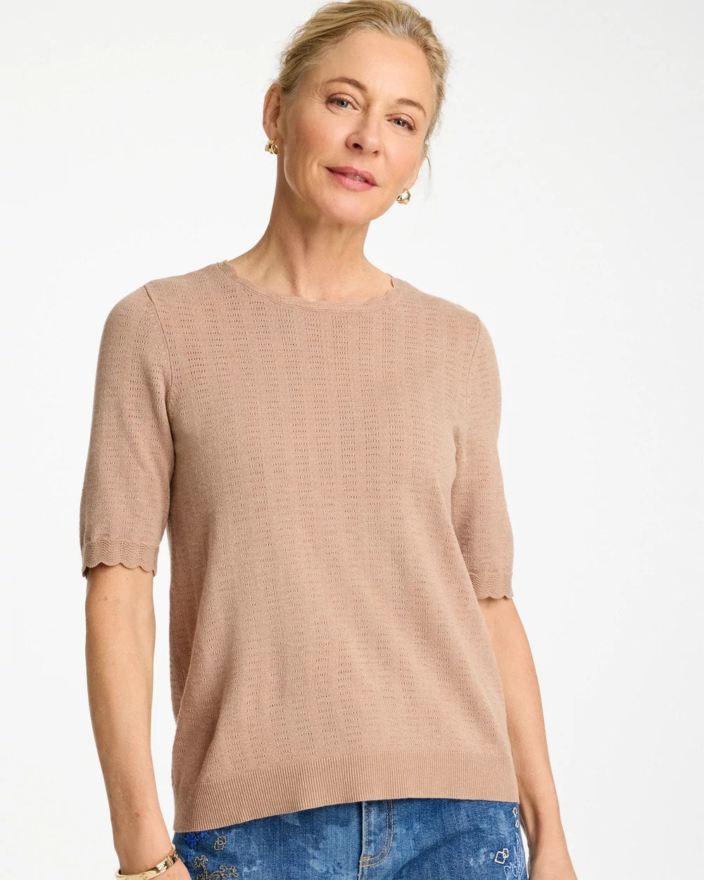 Chico's Popular - Ella Crewneck Pointelle Pullover Sweater Cattail Brown