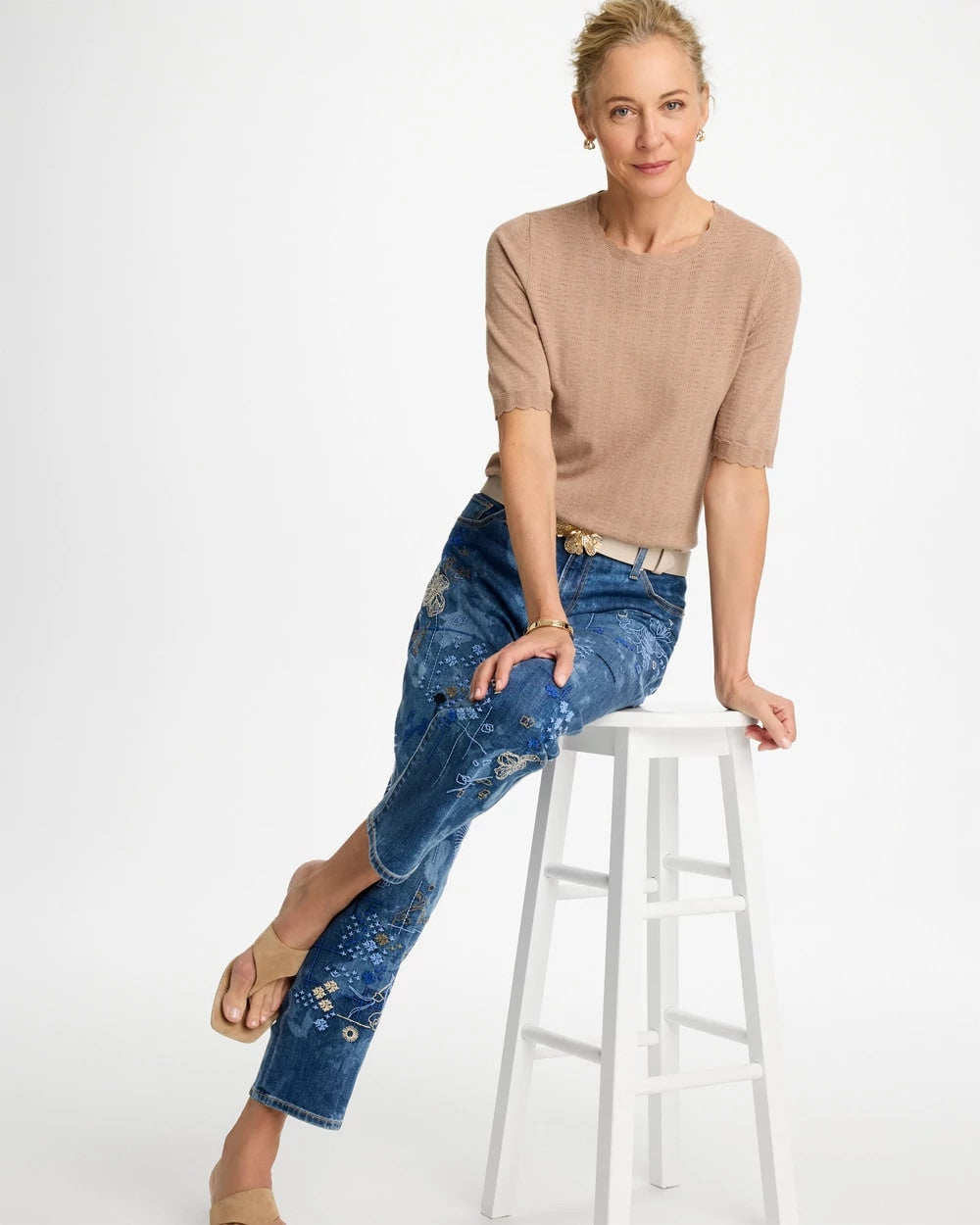 Chico's Popular - Ella Crewneck Pointelle Pullover Sweater Cattail Brown