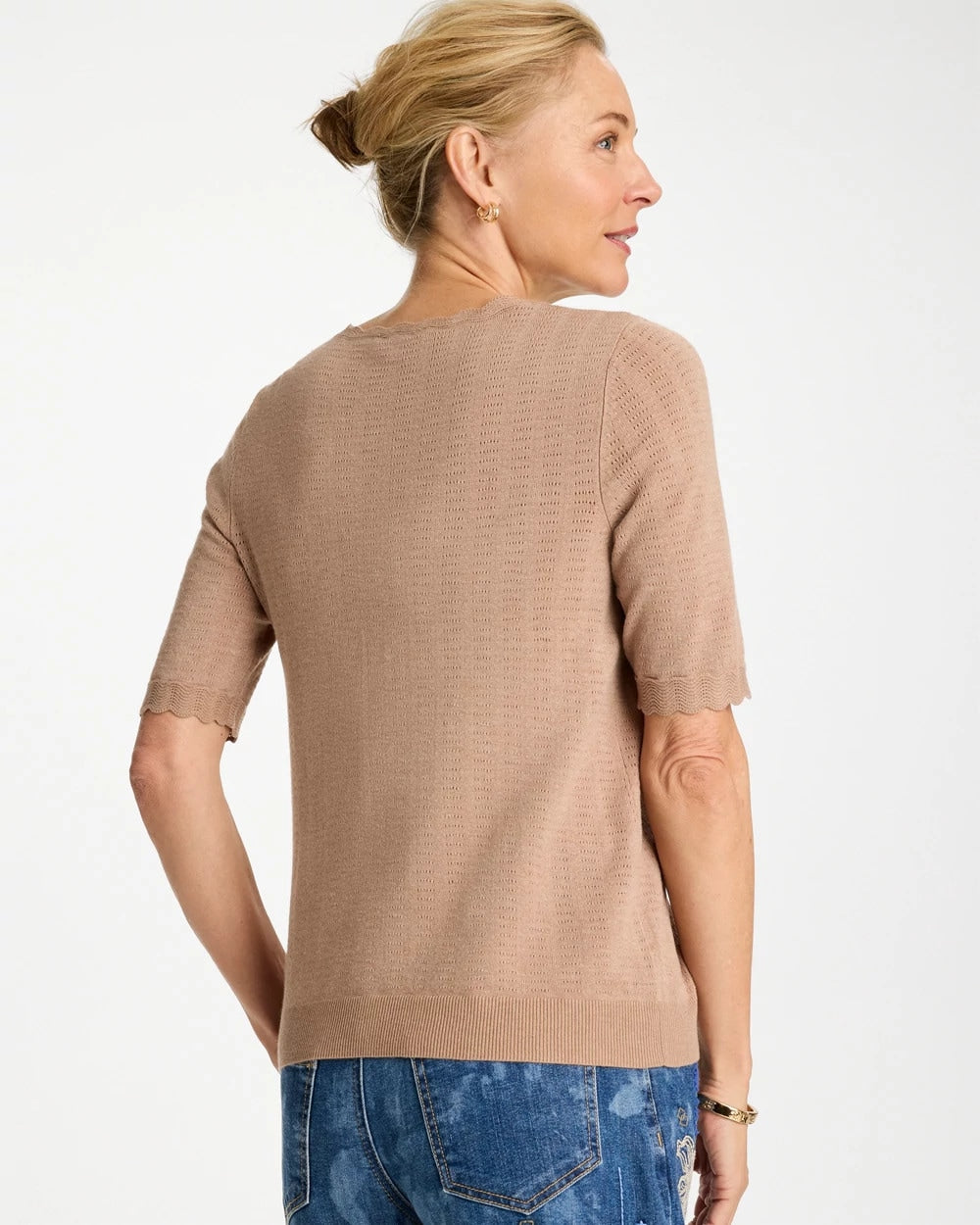 Chico's Popular - Ella Crewneck Pointelle Pullover Sweater Cattail Brown