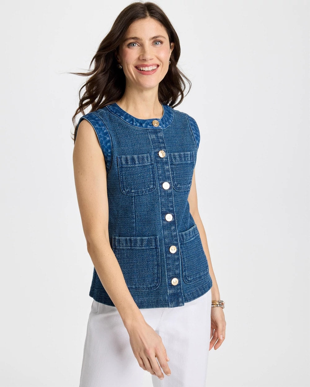Chico's Quality - Tweed Mixed Denim Vest Mist Flower Indigo