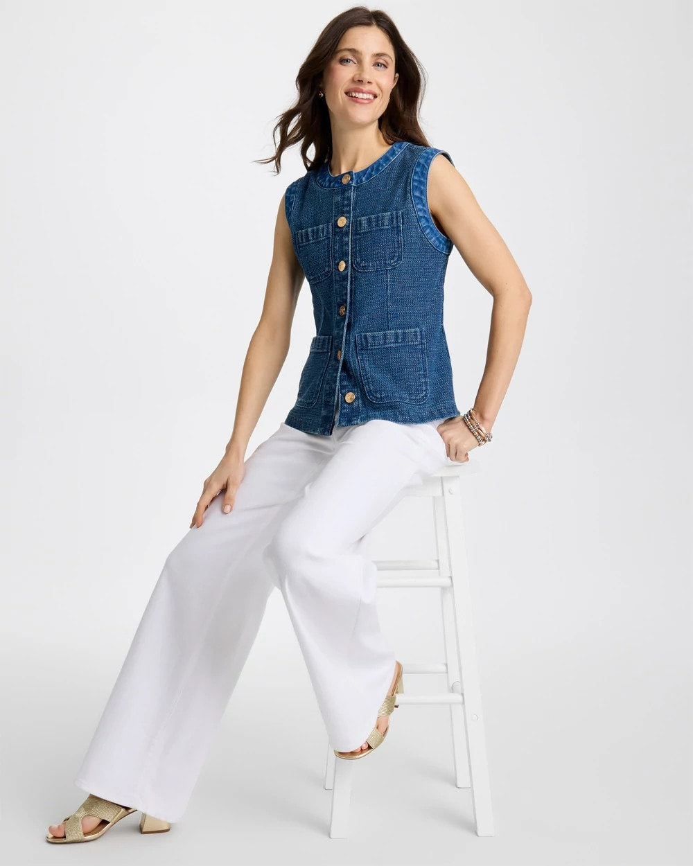 Chico's Quality - Tweed Mixed Denim Vest Mist Flower Indigo