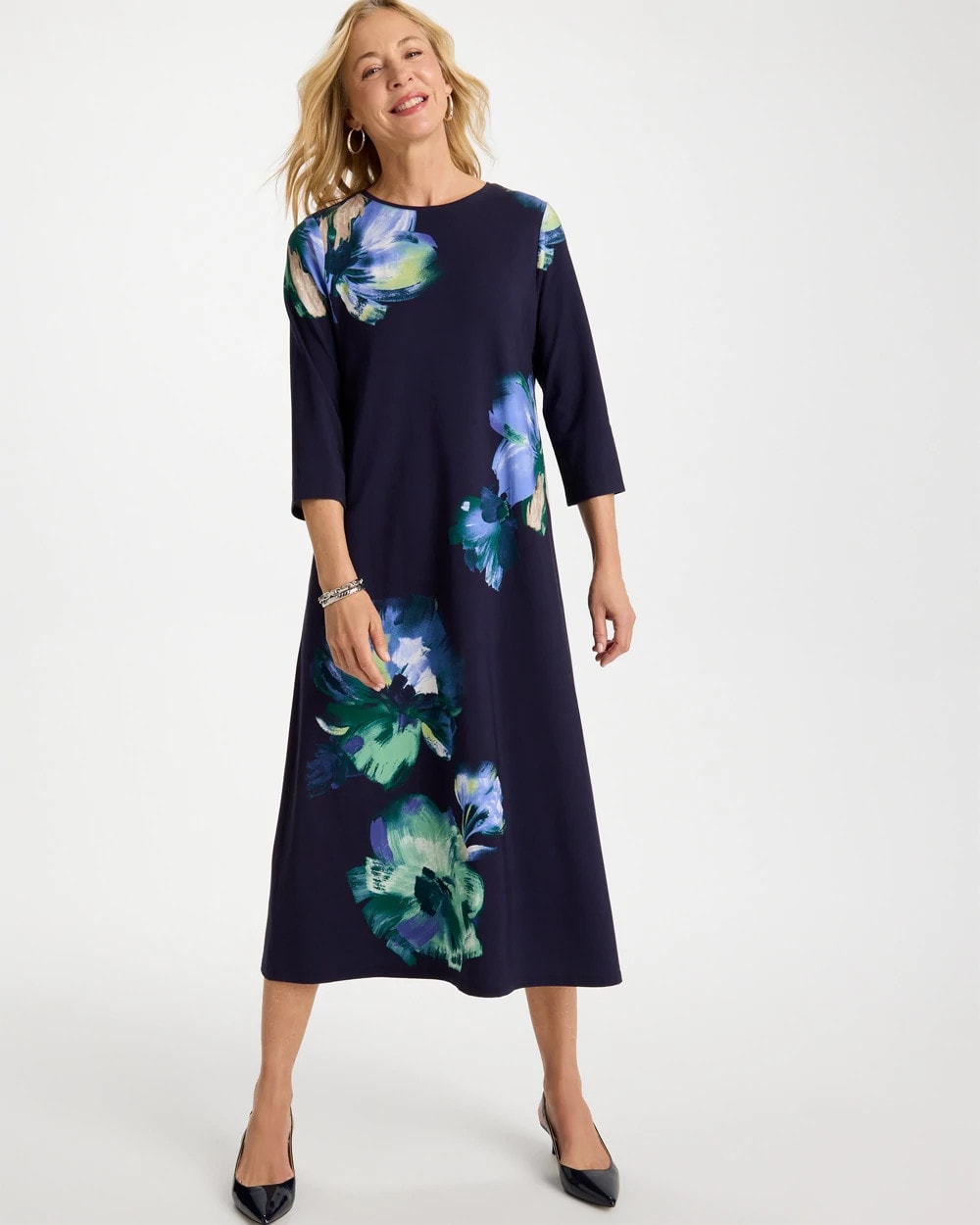 Chico's Customer Favorite - Floral 3/4 Sleeve Maxi Dress Passport Blue
