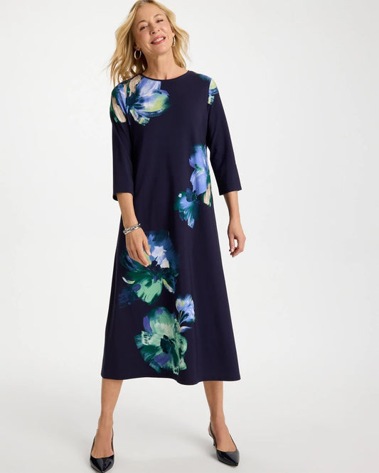 Chico's Customer Favorite - Floral 3/4 Sleeve Maxi Dress Passport Blue